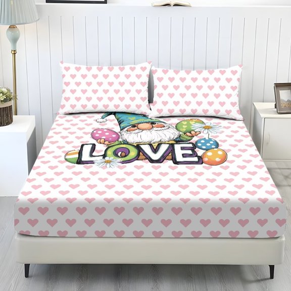 ZIATUBLES Easter Gnome Love Heart Printed Soft Cozy Bed Sheets, Twin Size Polyester Sheets Set of 3, Comfortable Breathable Bedding with Standard Pocket (1 Fitted Sheet, 2 Pillowcase)