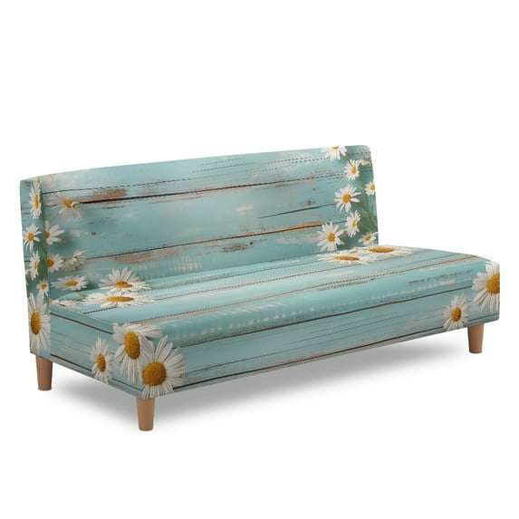 ZIATUBLES Elastic Futon Cover for Armless Sofa, Stretch Couch Slipcover Dustproof Machine Washable Soft Furniture Protector Sofa Bed Cover for Living Room, Daisy Wood Grain Print