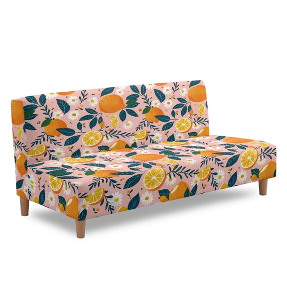 ZIATUBLES Elastic Futon Cover for Armless Sofa, Stretch Couch Slipcover Dustproof Machine Washable Soft Furniture Protector Sofa Bed Cover for Living Room, Orange Flower Pink Print