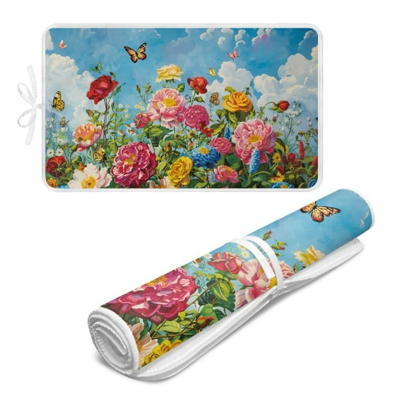 ZIATUBLES Floral Butterfly Sky Print Portable Ironing Mat Pad Multifunctional Ironing Blanket Foldable Ironing Board Replacement for Washer Dryer Countertop, 31.5" x 19.6"