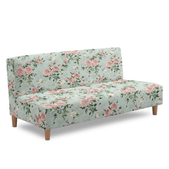 ZIATUBLES Floral Pale Green Stretch Sofa Slipcover Armless Futon Cover Full Queen Size Furniture Protector Elastic Polyester Spandex Folding Couch Shield Sofa Cover