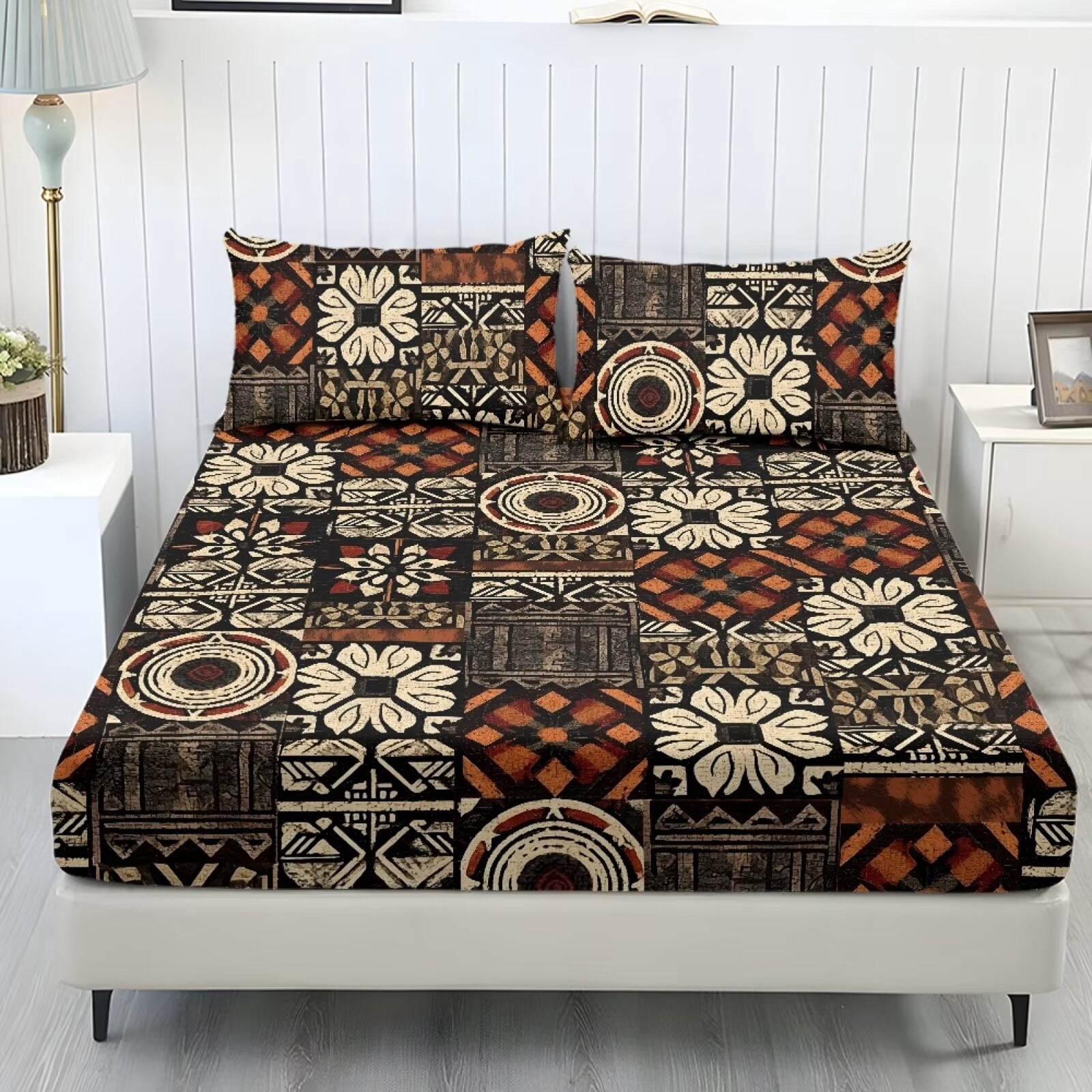 ZIATUBLES Full Bed Sheets Set, 3-Piece Lightweight Comfy Bedding Set with Black Brown Ethnic Patchwork Print, Soft Breathable Fitted Sheet with Elasticized 9.8" Pocket and 2 Pillowcases