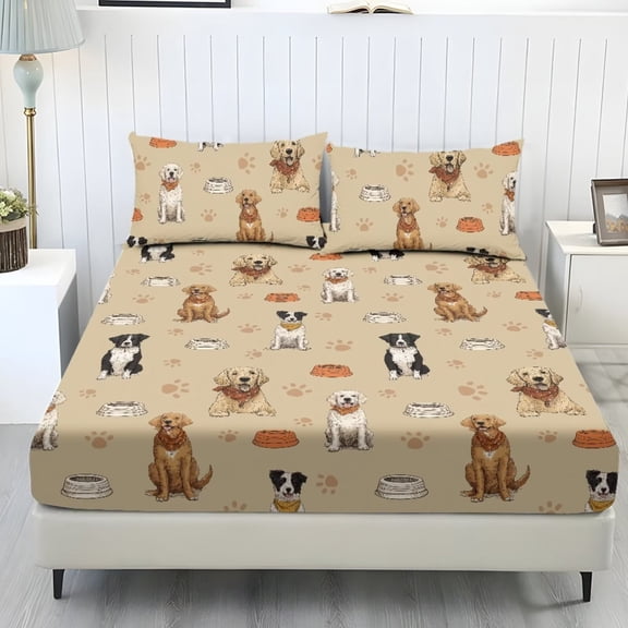 ZIATUBLES Full Bed Sheets Set, Soft Breathable Bedding Sheet Set, Sheets Set with 9.8" Standard Pocket, Comfortable and Durable for All-Season Use(3 Pieces, Cute Dog Pet Bowl Print)