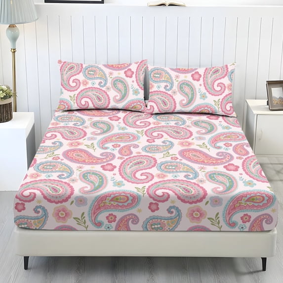 ZIATUBLES Full Bed Sheets Set, Soft Breathable Bedding Sheet Set, Sheets Set with 9.8" Standard Pocket Design, Comfortable and Durable for All-Season Use(3 Pieces, Pink Paisley Floral Leaf)