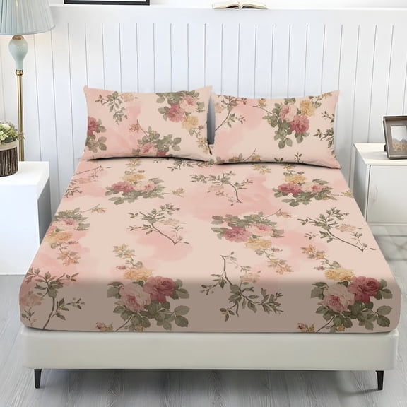 ZIATUBLES Full Bed Sheets Set, Soft Breathable Bedding Sheet Set, Sheets Set with 9.8" Standard Pocket Design, Comfortable and Durable for All-Season Use(3 Pieces, Pink Beige Rose)