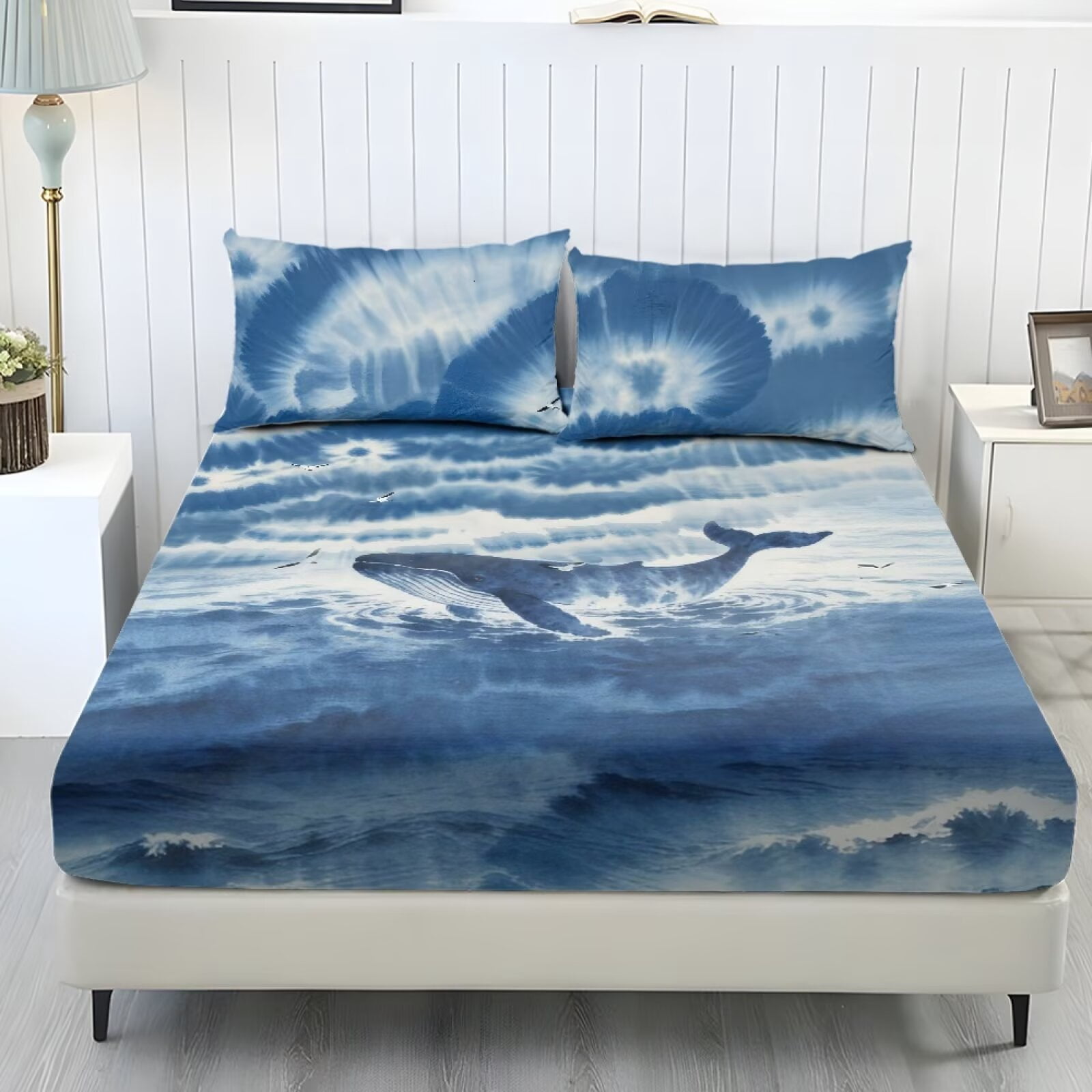 ZIATUBLES Full Sheets Set 3 Pieces,Lightweight Breathable Bed Sheets, Soft Cozy Bedding 9.8" Standard Pocket Sheets with Elastic Bottom Straps, Blue Tie-Dye Whale Print