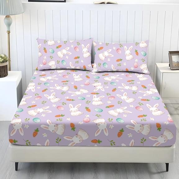 ZIATUBLES Full Size Polyester Sheets, 3 Piece Soft Cozy Bed Sheets, Comfortable Breathable Bedding with Standard Pocket (1 Fitted Sheet, 2 Pillowcase), Easter Bunny Egg Carrot Floral Print