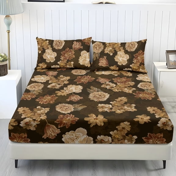 ZIATUBLES Full Size Sheet Set, Breathable Durable Cooling Decor Bedding for Bedroom, 3 Pcs Bed Sheets Set - 1 Fitted Sheet, 2 Pillowcases (Dark Brown Retro Floral)