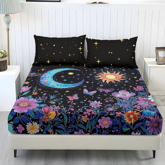 ZIATUBLES Full Size Sheet Set, Breathable Durable Cooling Polyester Spandex Bedding for Bedroom, 3 Pcs Bed Sheets Set - 1 Fitted Sheet, 2 Pillowcases (Butterfly Moon Star Floral Print)