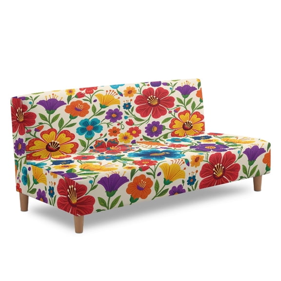 ZIATUBLES Futon Couch Cover Armless, Stretch Sofa Slipcover Dustproof Furniture Protector Elastic Non-Slip Washable for Sofa Bed, Living Room, Colorful Flower Print