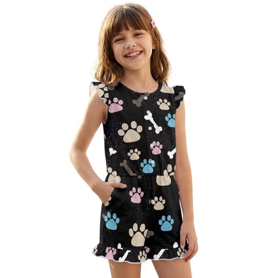 ZIATUBLES Girls Summer Casual Romper Button Round Neck Playsuit Outfit for Girl Kids 13-14 Y, Ruffle Sleeve Elastic Waist Design One-Piece Short Jumpsuit, Bone Paw Print