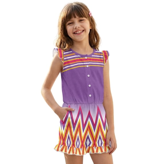 ZIATUBLES Girls Summer Casual Romper Button Round Neck Playsuit Outfit for Girl Kids 5-6 Y, Ruffle Sleeve Elastic Waist Design One-Piece Short Jumpsuit, Violet Geometric Stripe Print