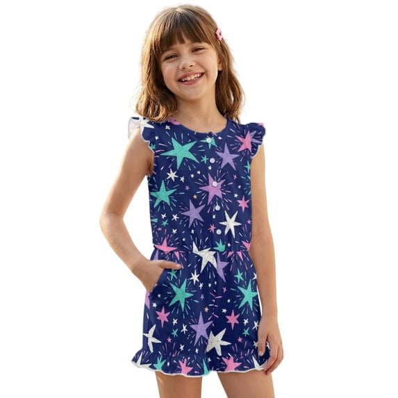 ZIATUBLES Girls Summer Casual Romper Button Round Neck Playsuit Outfit for Girl Kids 7-8 Y, Ruffle Sleeve Elastic Waist Design One-Piece Short Jumpsuit, Multicolor Star Print