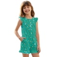 thumbnail image 1 of ZIATUBLES Green Mermaid Scale Print Girls Summer Playsuit Button Front One-Piece Short Jumpsuit Ruffle Trim Big Kids Casual Romper with Pockets for 9-10 Y, 1 of 6