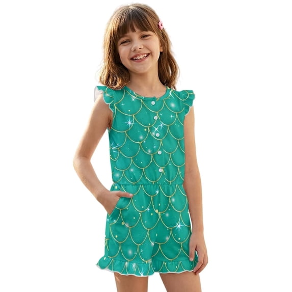 ZIATUBLES Green Mermaid Scale Print Girls Summer Playsuit Button Front One-Piece Short Jumpsuit Ruffle Trim Big Kids Casual Romper with Pockets for 9-10 Y