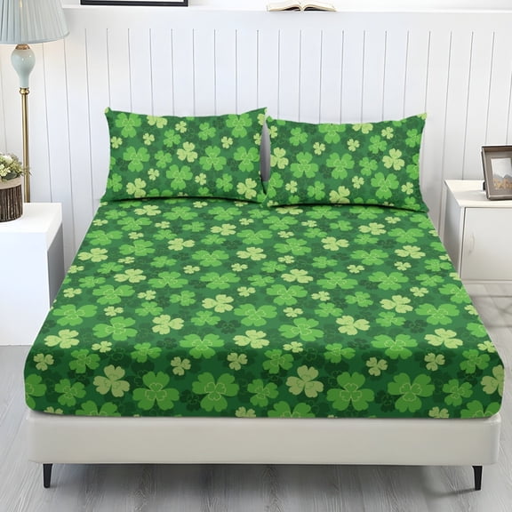 ZIATUBLES Green Shamrock Printed Sheets Set, 3 Pcs King Size, Cooling Polyester Spandex Bed Sheets Set, Wrinkle Resistant Standard Pocket 9.8 Inches, St. Patrick's Day Decor Bedding for Bedroom