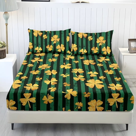 ZIATUBLES Green Yellow Clovers Printed Twin Sheet Set, 3 Piece St. Patrick's Day Standard Pocket Bedding with Soft Stretch Fabric, Comfortable and Easy Fit