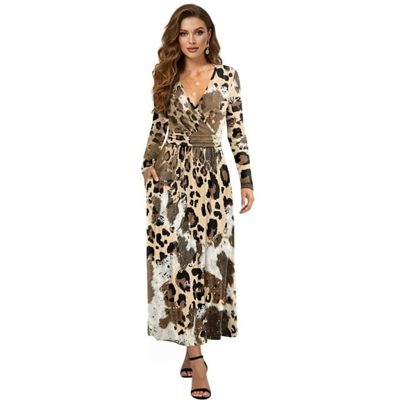 FKELYI Grunge Leopard Cow Print Fall Maxi Dress for Women Long Sleeve A-Line Flowy Dresses with Side Pockets V Neck Casual Dress for Spring Winter, M