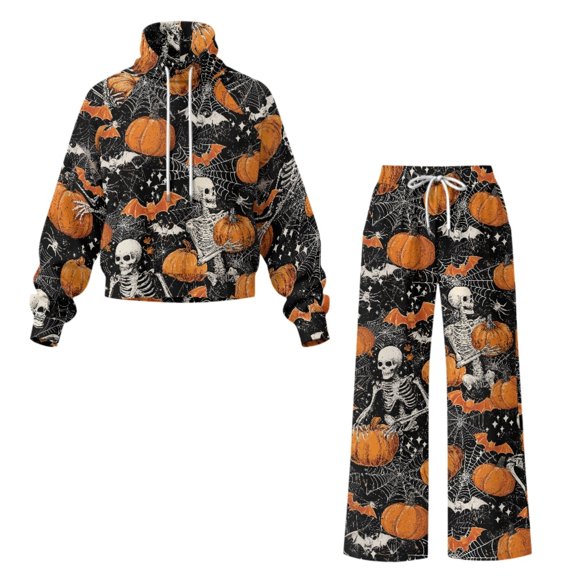 ZIATUBLES Halloween Pumpkin Skeleton Print Ladies' 2 Piece Outfits Long Sleeve and Wide Leg Pants Casual Cozy Tracksuit for Getaways Weekend Outings Autumn Wear, XS
