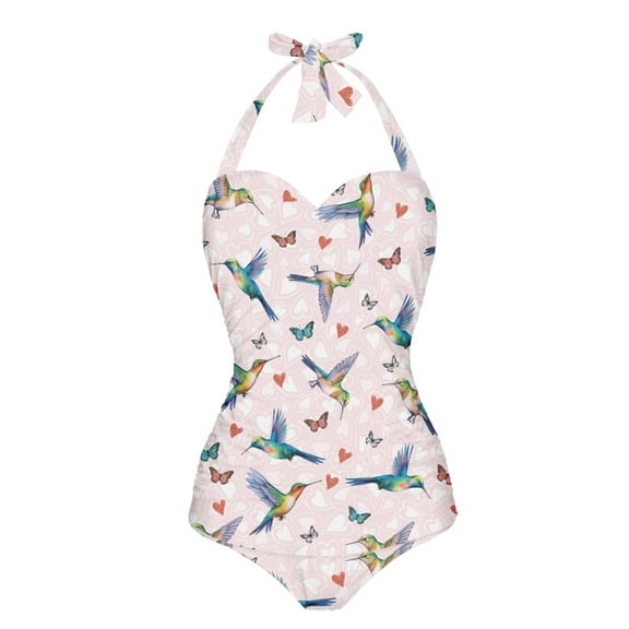 FKELYI Halter Swimwear One Piece Swimsuit with Soft Pad for Women Hummingbird Love Butterfly Print Tummy Control Bathing Suits Breathable Monokini for Ladies Summer Swimming, S