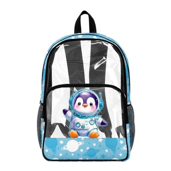 ZIATUBLES Heavy Duty Clear Backpack 17 Inch, Astronaut Penguin Space Print Fabric & PVC Transparent Bag, One Pocket See Through Bookbag for School College Security