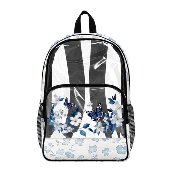 ZIATUBLES Heavy Duty Clear Backpack 17 Inch, Fabric & PVC Transparent Bookbag with Blue Butterfly Flower Print, Sturdy See Through Backpack Easy to Clean for Work, School & Stadium