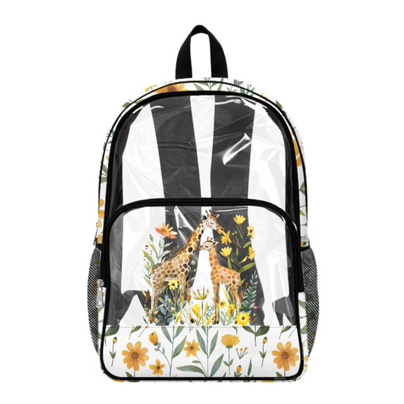 ZIATUBLES Heavy Duty Clear Backpack 17 Inch, Fabric & PVC Transparent Bookbag with Giraffe Floral Print, Sturdy See Through Backpack Easy to Clean for Work, School & Stadium