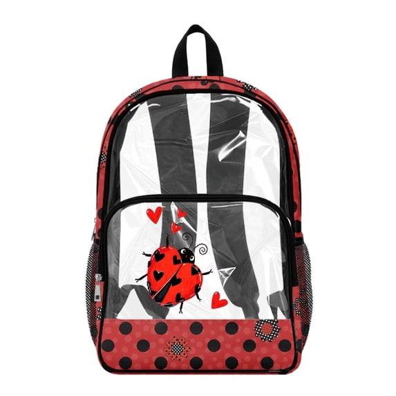 ZIATUBLES Heavy Duty Clear Backpack 17 Inch, Ladybug Hearts Polka Dot Print Fabric & PVC Transparent Bag, One Pocket See Through Bookbag for School College Security