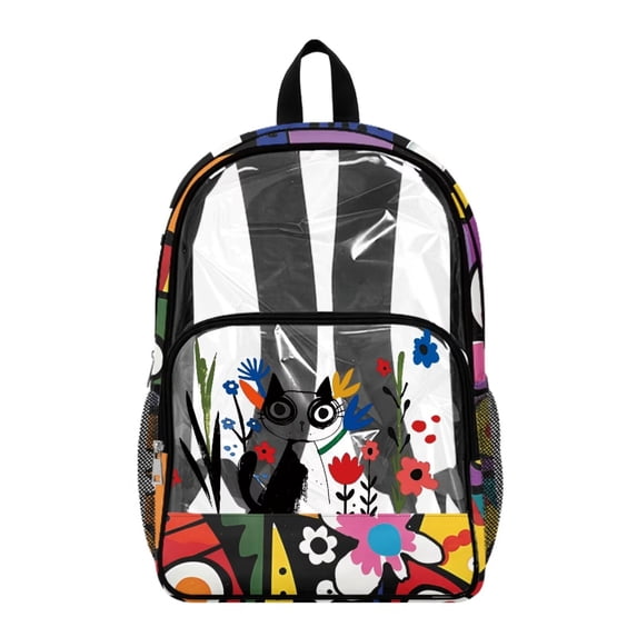 ZIATUBLES Heavy Duty Clear Backpack, Abstract Cat Floral Print Fabric & PVC Transparent Bag with Reinforced Strap, Large Capacity See Through Backpack for School Work Security Travel
