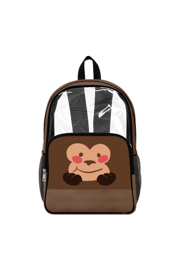 Heavy Duty Clear Backpack, Brown Monkey Face Print Fabric & PVC Transparent Bag with Reinforced Strap, Large Capacity See Through Backpack for School Work Security Travel