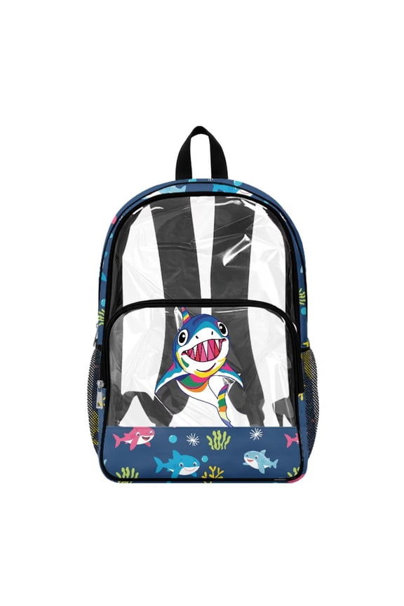 Heavy Duty Clear Backpack, Shark Ocean Print Fabric & PVC Transparent Bag with Reinforced Strap, Large Capacity See Through Backpack for School Work Security Travel