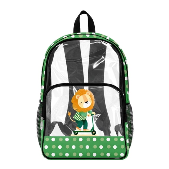 ZIATUBLES Heavy Duty Clear Backpack, Skateboarding Lion Print Fabric & PVC Transparent Bag with Reinforced Strap, Large Capacity See Through Backpack for School Work Security Travel