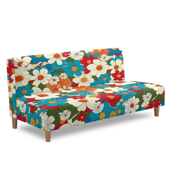ZIATUBLES Hippie Daisy Armless Sofa Cover, Stretch Futon Slipcover with Elastic Bottom Dustproof Couch Cover Machine Washable Furniture Protector for Living Room Bedroom
