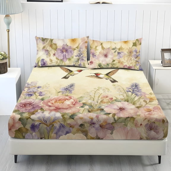 ZIATUBLES Hummingbird Floral Printed Full Bed Sheets, Lightweight Comfy Bedding Set, 3 Piece Bedding Set with Elasticized 9.8" Standard Pocket Fitted Sheet and 2 Pillowcases