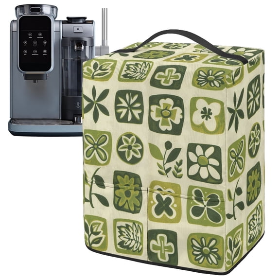 ZIATUBLES Ice Cream Maker Dust Cover, Green Square Flower Print with Storage Pocket and Top Handle, Stain Resistant Cover for Kitchen Appliance, 15.35" x 9.84" x 18.11"