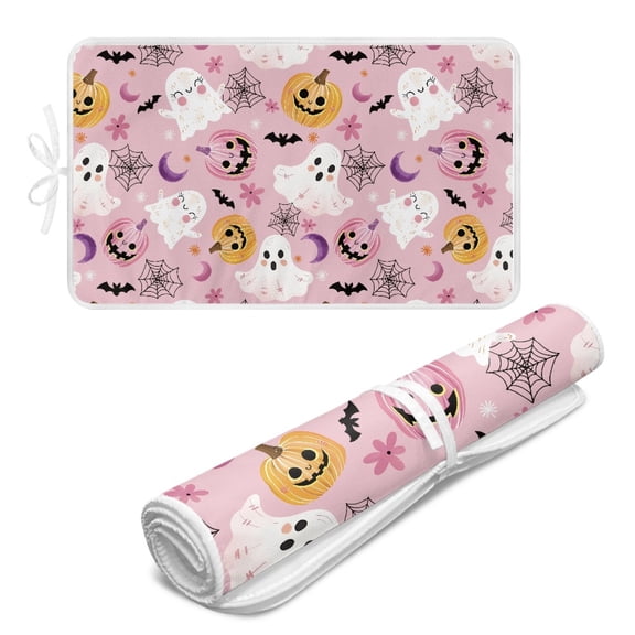 ZIATUBLES Ironing Pad Blanket Portable Travel Ironing Board Alternative Cover, Heat Resistant Foldable Ironing Mat Halloween Decor Fits Small Space, Ghost Pumpkin Bat Spider Web,31.5" x 19.6"