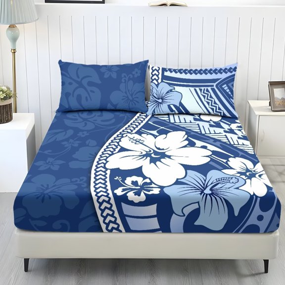 ZIATUBLES King Bed Sheets, Cooling King Sheets, Soft Cozy Bedding, 3 Piece Breathable Bedding with Standard Pocket 9.8 Inch Sheet & Pillowcase Set, Blue Polynesian Tropical Floral Print