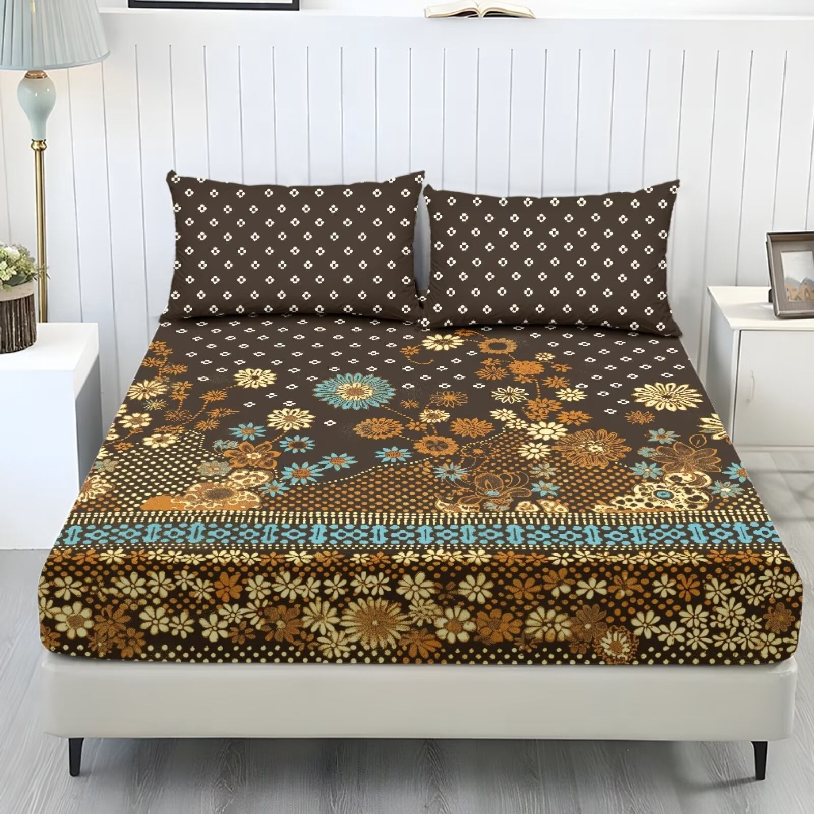 ZIATUBLES King Bed Sheets Set, 3-Piece Lightweight Comfy Bedding Set with Brown Vintage Floral Print, Soft Breathable Fitted Sheet with Elasticized 9.8" Pocket and 2 Pillowcases