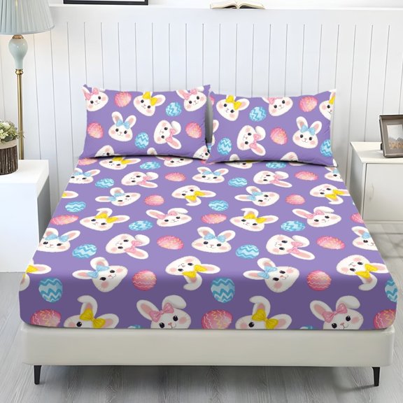 ZIATUBLES King Bed Sheets Set, Soft Breathable Bedding Sheet Set, Sheets Set with 9.8" Standard Pocket Design, Comfortable and Durable for All-Season Use(3 Pieces, Easter Rabbit Egg Violet)