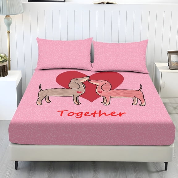 ZIATUBLES King Sheet Set, 3 PCS Dachshund Love Heart Printed Soft Cozy Bed Sheet Set, Breathable Cooling 9.8" Standard Pocket, Easy Care Bedding for ‌Valentine's Day(1 Fitted Sheet, 2 Pillowcase)