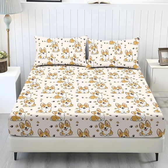 ZIATUBLES King Sheets Set 3 Pieces, Cooling Polyester Spandex Bed Sheets, Soft Cozy Bedding 9.8" Standard Pocket Sheets with Elastic Bottom Straps, Corgi Puppy Paw Print