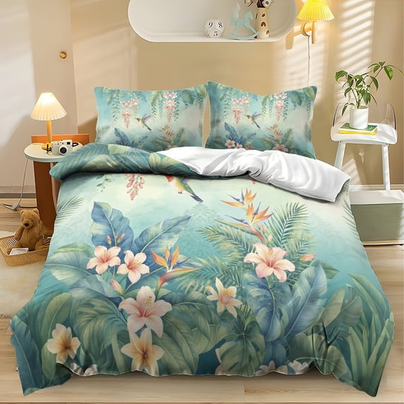 ZIATUBLES King Size 3-Piece Tropical Plants Hummingbird Print Duvet Cover Set, Soft Easy-Care Zipper Closure Bedding, Modern Bedroom Decor Includes 1 Duvet Cover & 2 Pillowcases