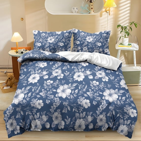 ZIATUBLES King Size 3-Piece White Floral Blue Print Duvet Cover Set, Soft Easy-Care Zipper Closure Bedding, Modern Bedroom Decor Includes 1 Duvet Cover & 2 Pillowcases