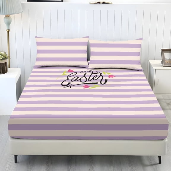 ZIATUBLES King Size Bedding Sheets, Soft Cooling Polyester Bed Sets, 3-Piece Sets with 1 Elasticed Fitted Sheet and 2 Pillowcases, Chic Home RV Decor Accessories, Happy Easter Stripe Print