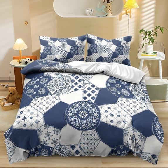 ZIATUBLES King Size Blue White Mandala Patchwork Printed Duvet Cover Set, 3 Piece Soft Polyester Bedding, Breathable Comfy and Easy Care Bed Linens for Dorm Apartment(1 Duvet Cover & 2 Pillowcases)