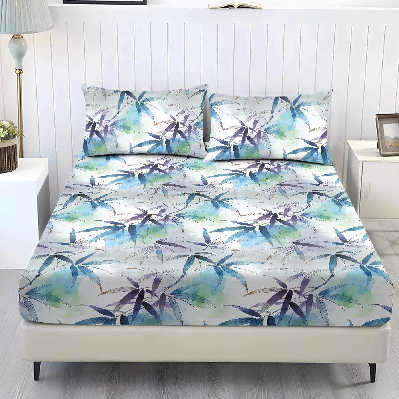 ZIATUBLES King Size Sheet Set, Breathable Durable Cooling Decor Bedding for Bedroom, 3 Pcs Bed Sheets Set - 1 Fitted Sheet, 2 Pillowcases (Oriental Bamboo Leaf Pattern)