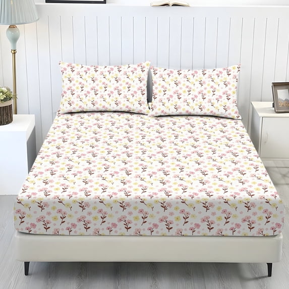 ZIATUBLES King Size Sheet Set, Breathable Durable Cooling Polyester Spandex Bedding for Bedroom, 3 Pcs Bed Sheets Set - 1 Fitted Sheet, 2 Pillowcases (Floral Ditsy White, King)