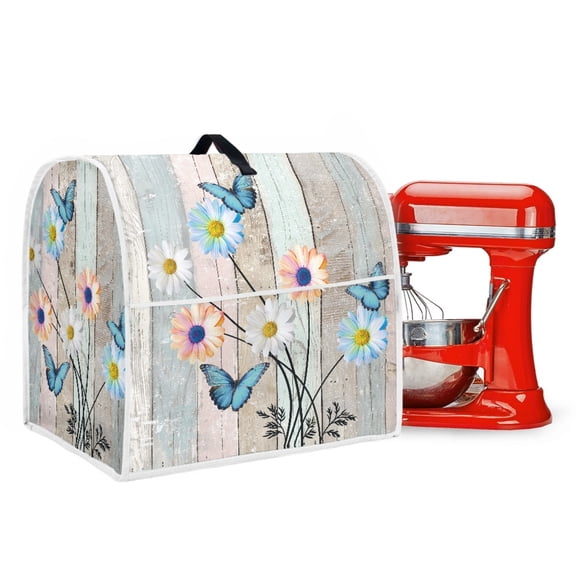 ZIATUBLES Kitchen Dust Cover for Stand Mixer Multi-Functional Appliance Cover with Front Storage Pockets and Top Handle to Keep Mixers Clean Compatible with 6-8 Quart, Daisy Butterfly Wood Grain