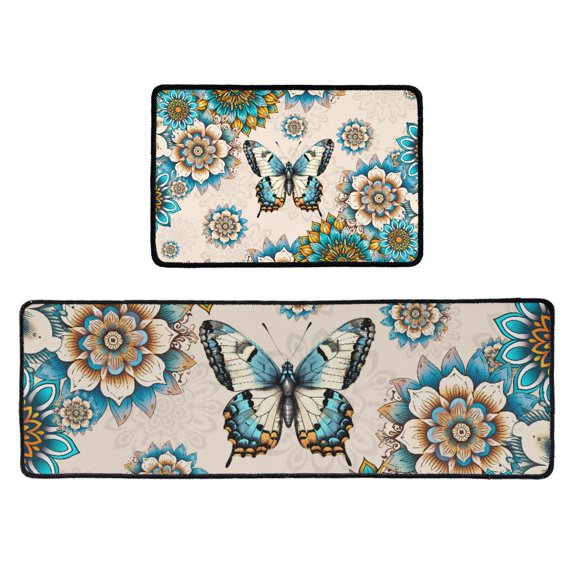 ZIATUBLES Kitchen Mat Set of 2 Non-Slip Absorbent Resist Dirt Kitchen Rug TRP Backing Floor Mat for Kitchen Laundry Room Hallway, 47.2 x 15.7 and 23.6 x 15.7 Inch, Boho Mandala Flower Butterfly Print