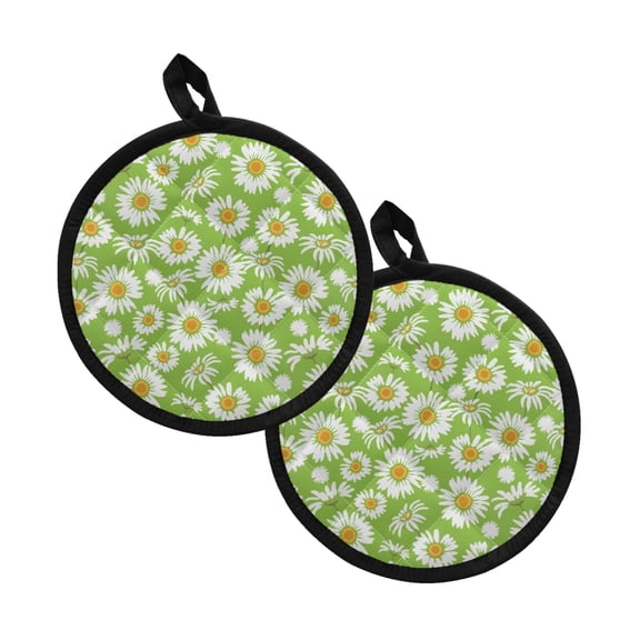 ZIATUBLES Kitchen Pot Holders Heat Resistant Trivet Versatile Hot Pads with Breathable Cotton-like Lining Potholders For Cooking Baking, 2 PCS 8 Inch Round, Daisy Green